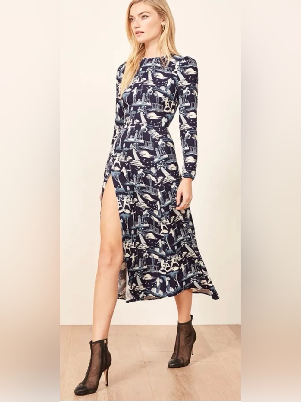 Reformation Navy Printed Long-Sleeve Maxi Dress with High Slit